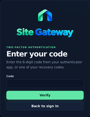 The real Site Gateway two-factor authentication code screen
